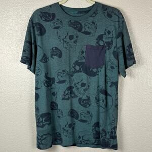 2010s Aces & Idols Men’s Sz M Blue Green Skull Print Cotton Blend Pocket T-shirt